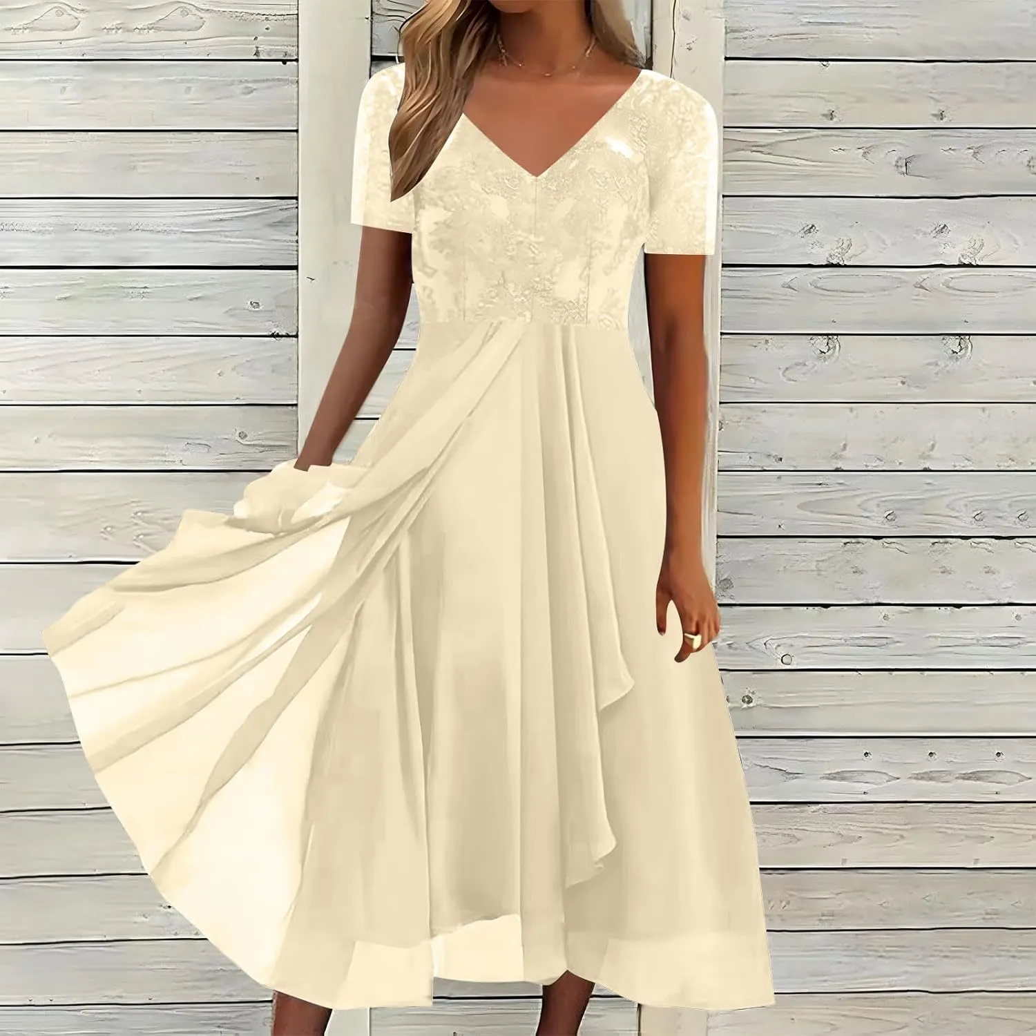 Mother of The Bride Dresses for Women Short Sleeve V-Neck Lace Chiffon Flowy Wedding Guest Dress Formal Evening Gown