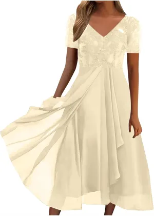 Mother of The Bride Dresses for Women Short Sleeve V-Neck Lace Chiffon Flowy Wedding Guest Dress Formal Evening Gown