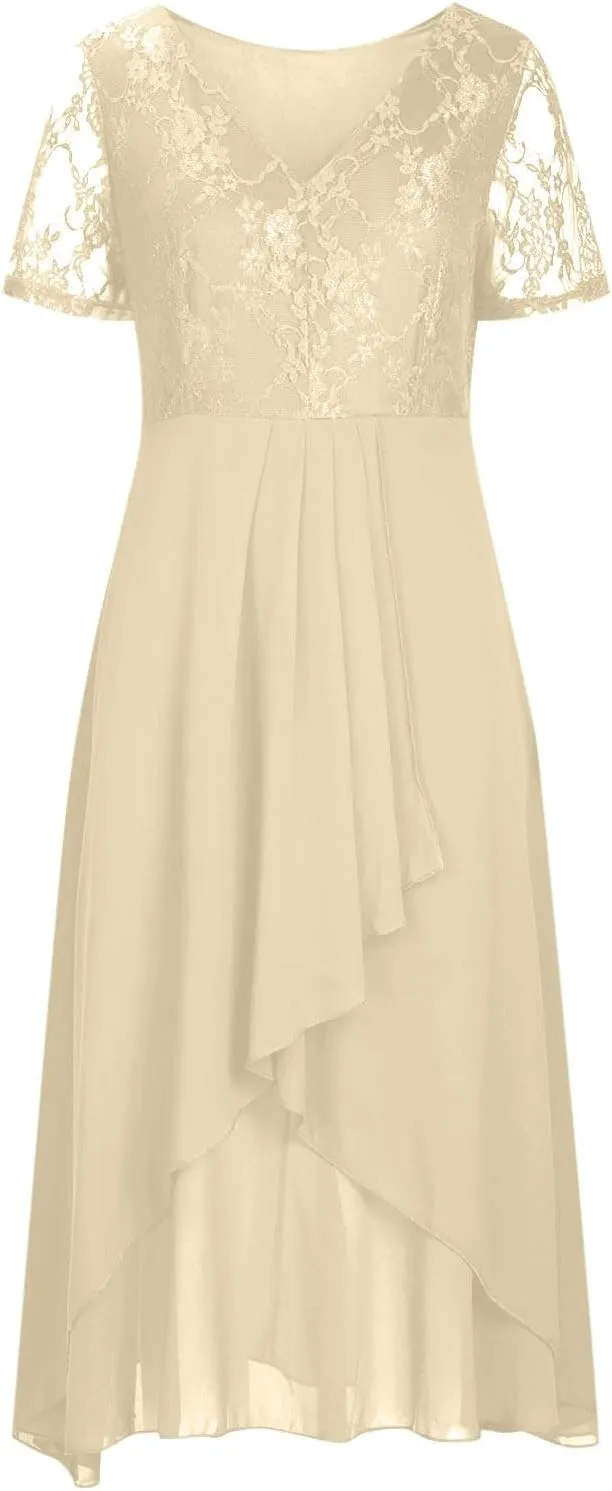 Mother of The Bride Dresses for Women Short Sleeve V-Neck Lace Chiffon Flowy Wedding Guest Dress Formal Evening Gown