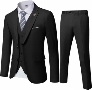 MY'S Men's 3 Piece Slim Fit Suit Set, Two Button Blazer Jacket Vest Pants with Tie, Solid Wedding Dress Tux and Trousers