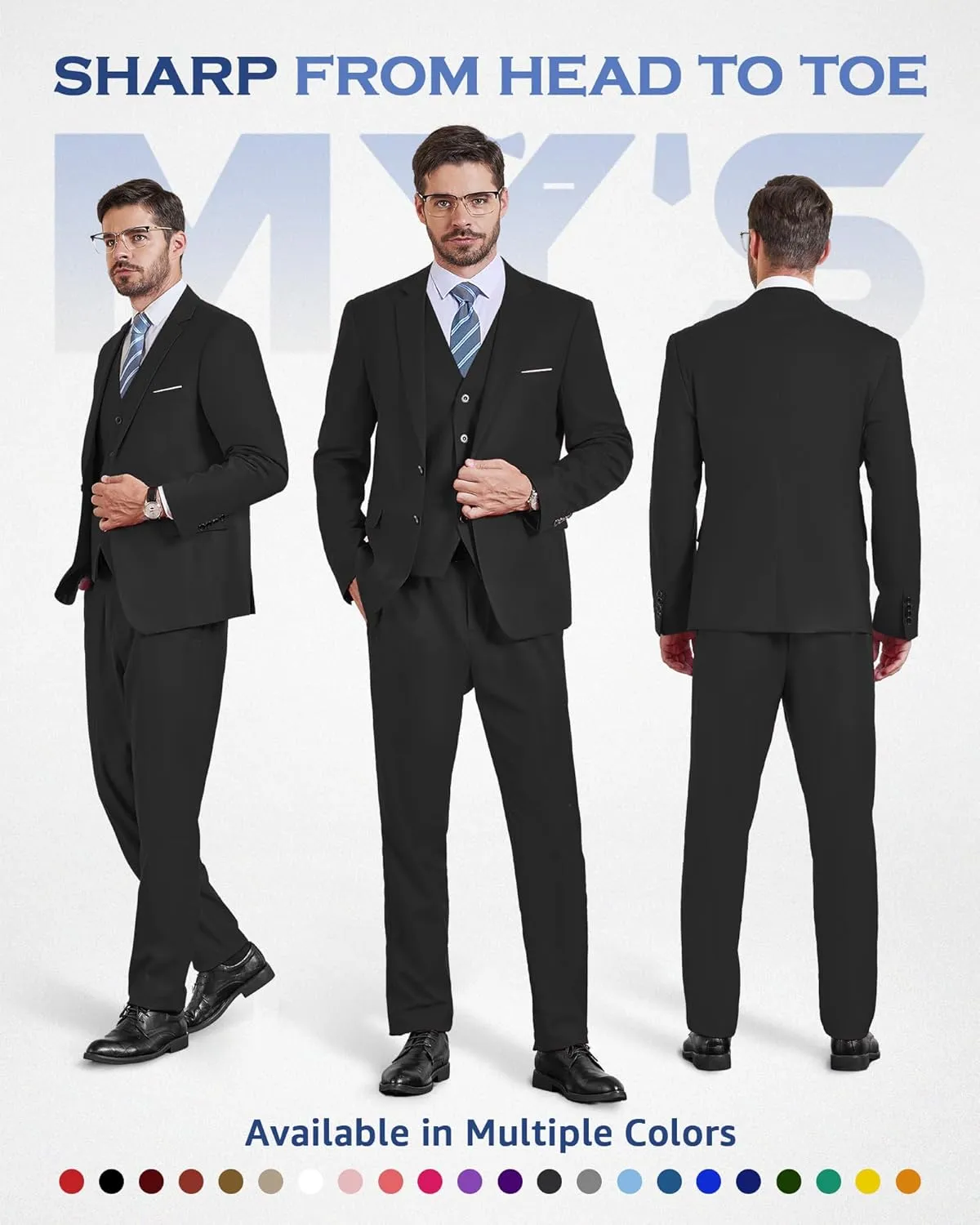 MY'S Men's 3 Piece Slim Fit Suit Set, Two Button Blazer Jacket Vest Pants with Tie, Solid Wedding Dress Tux and Trousers