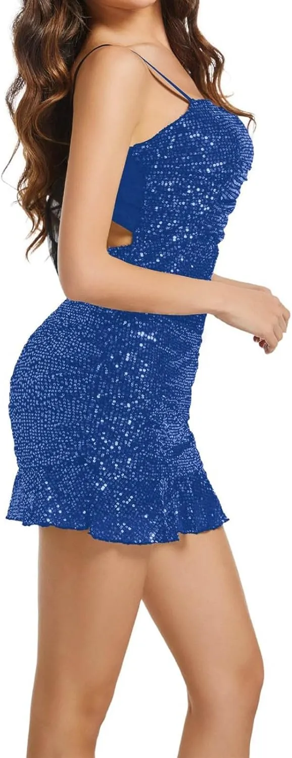 Oplxuo Sequin Dress for Women Sleeveless Spaghetti Strap Sparkly Glitter Cocktail Dress Bodycon Mini Ruffle Hem Club Dresses