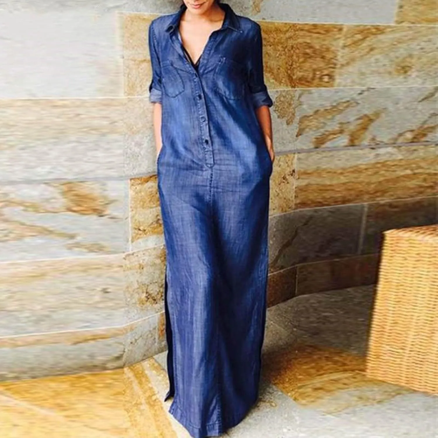 Oplxuo Women's Plus Size Denim Dress Long with Slit Button Down Shirt Dress Long Sleeve Lapel Casual Loose Jean Maxi Dresses