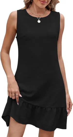 Oplxuo Women's Summer Sundress Ruffle Hem Sleeveless Short Tank Dress Crewneck Casual Mini Dresses