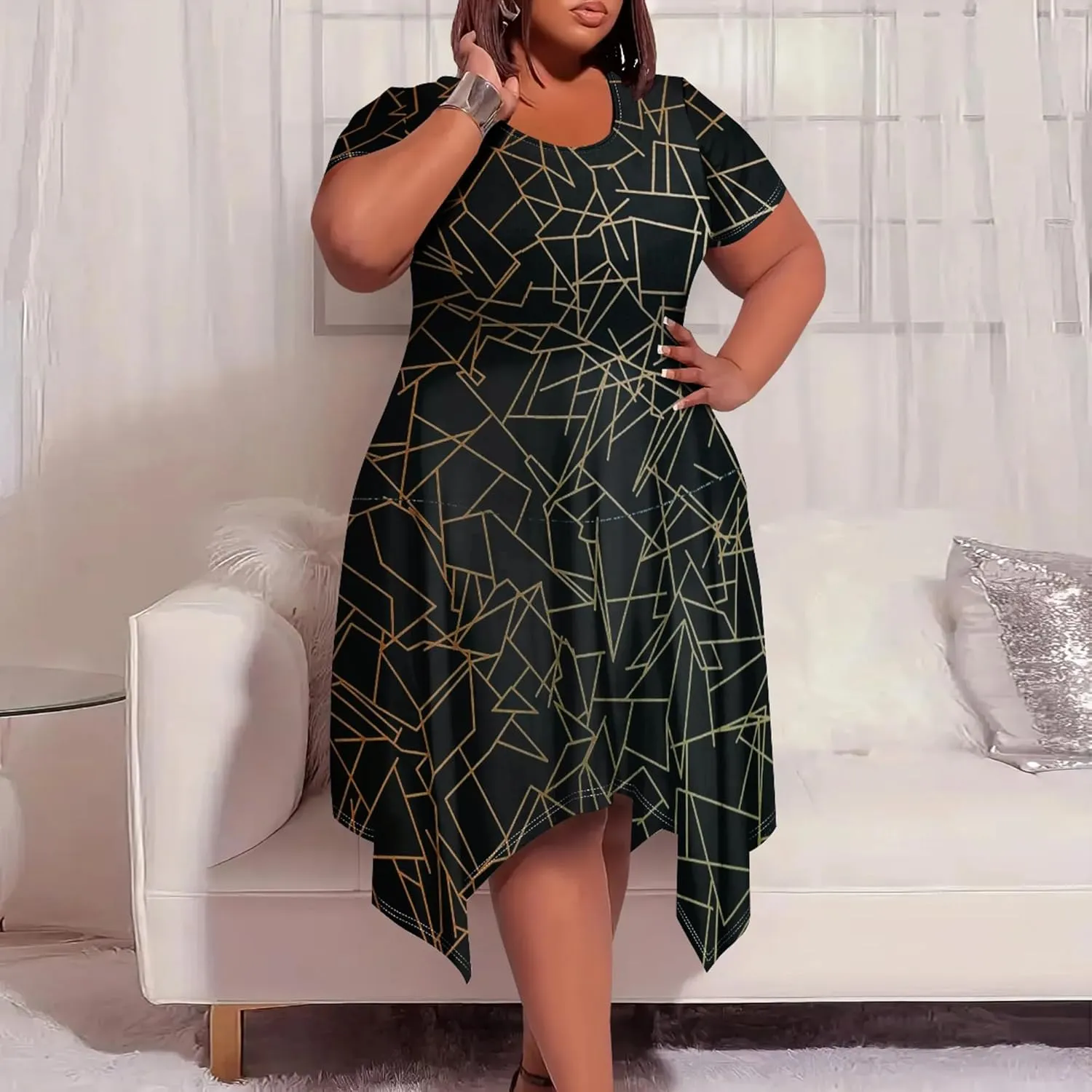 Oversize Tshirt Dress for Women Summer Printing Casual Plus Size Crewneck Short Sleeves Midi Tunic Dress with Pockets