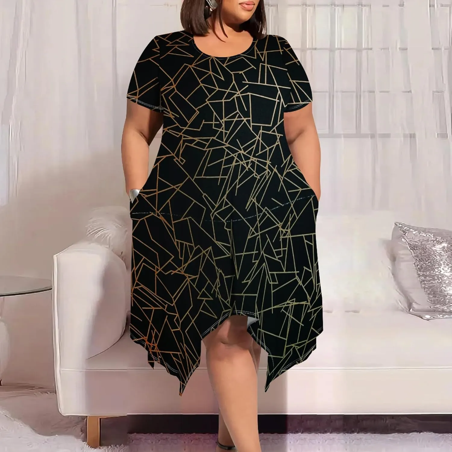 Oversize Tshirt Dress for Women Summer Printing Casual Plus Size Crewneck Short Sleeves Midi Tunic Dress with Pockets