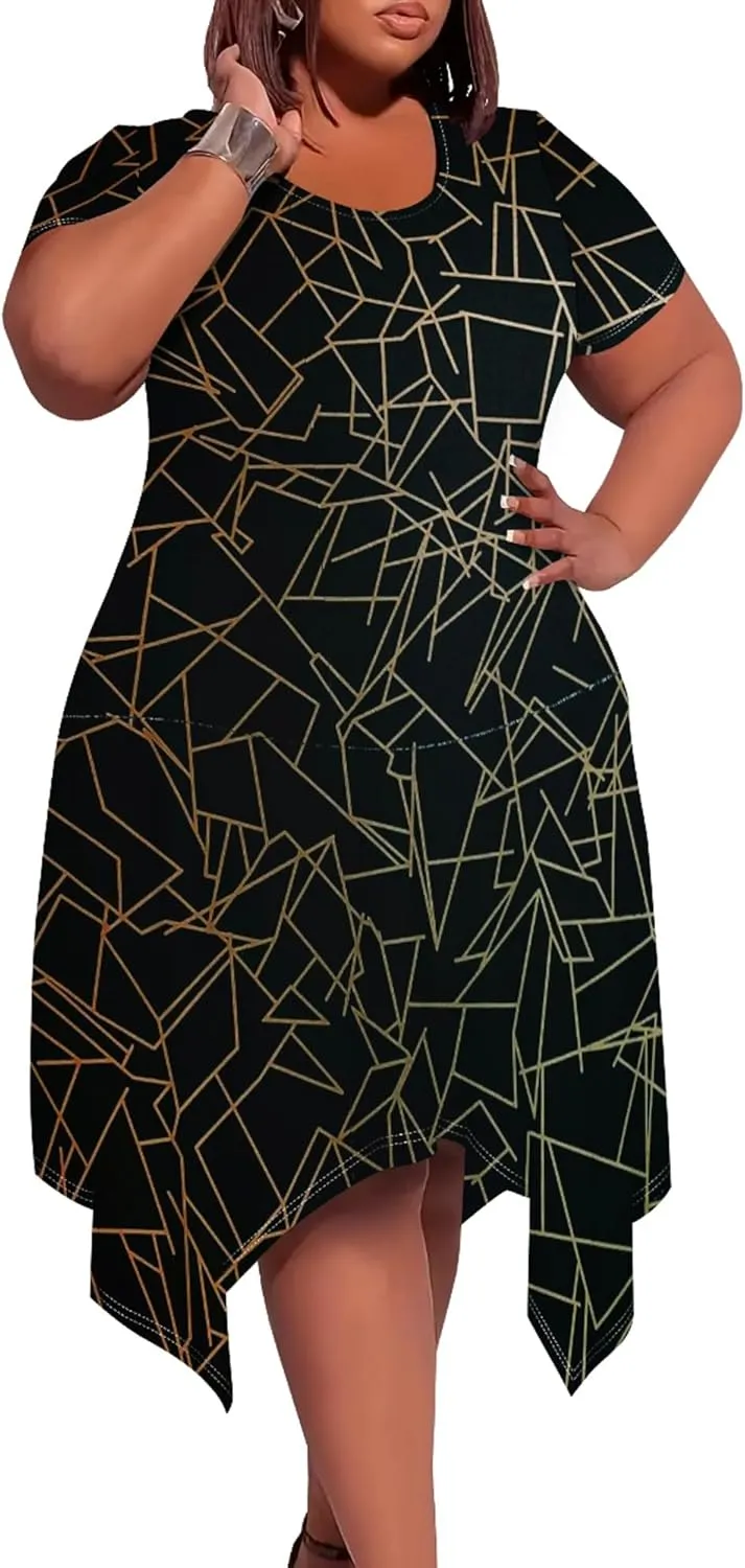 Oversize Tshirt Dress for Women Summer Printing Casual Plus Size Crewneck Short Sleeves Midi Tunic Dress with Pockets