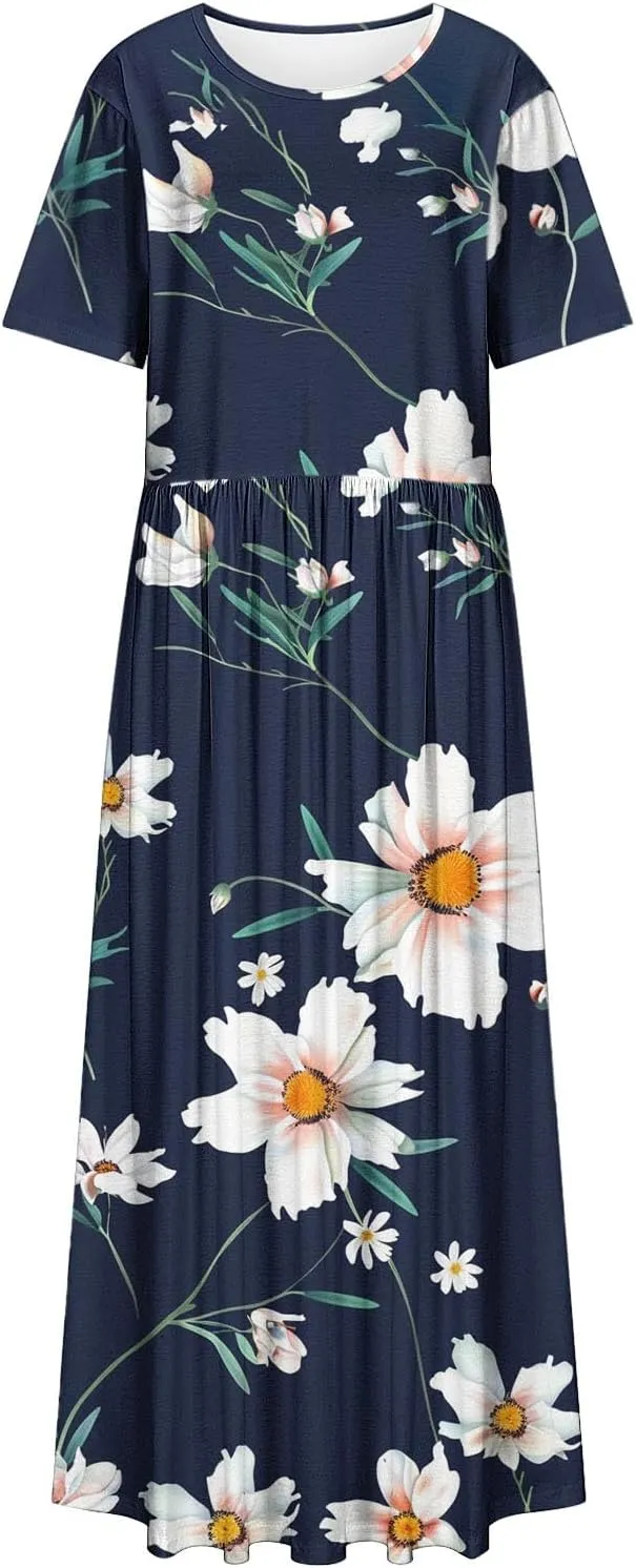 Plus Size Beach Dresses for Women 2024 Vacation Printed Sundresses Midi Flowy Casual Floral Long Outfit Short Sleeve