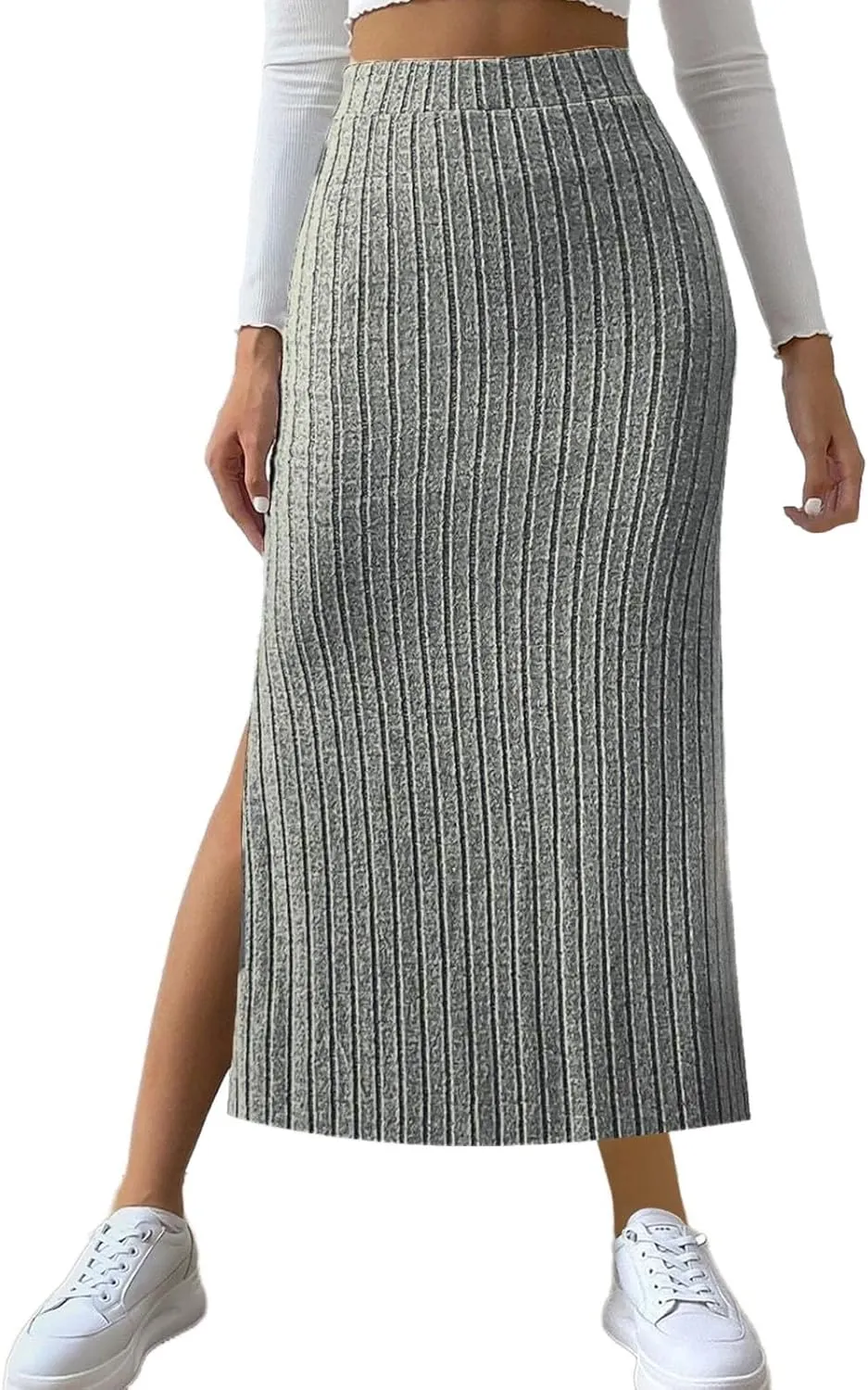 Plus Size High Waisted Skirt Women Knit Midi Bodycon Skirt Elastic Comfy Skirts Plain Fashion Skirt Side Slit Skirt