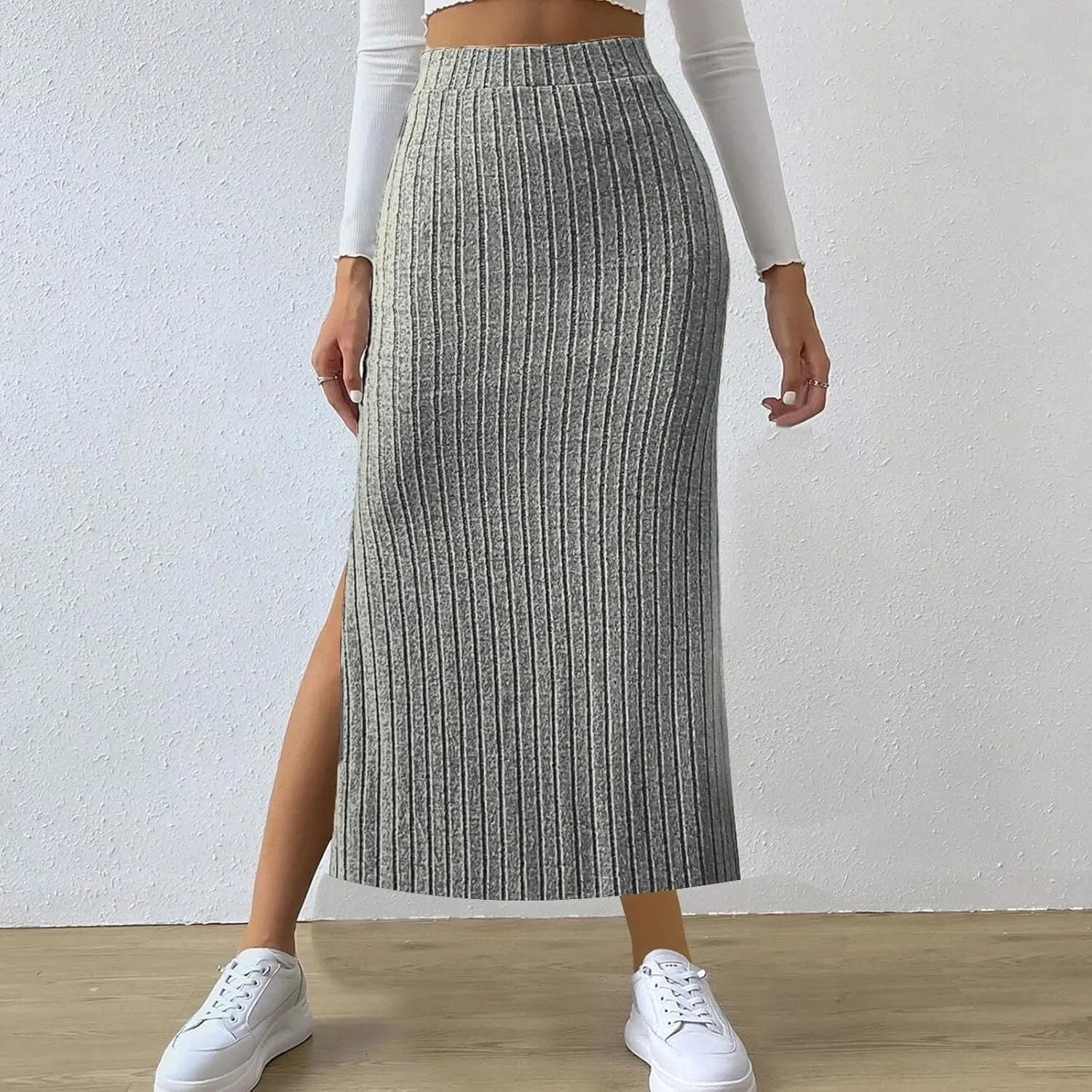Plus Size High Waisted Skirt Women Knit Midi Bodycon Skirt Elastic Comfy Skirts Plain Fashion Skirt Side Slit Skirt