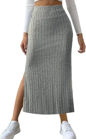 Plus Size High Waisted Skirt Women Knit Midi Bodycon Skirt Elastic Comfy Skirts Plain Fashion Skirt Side Slit Skirt
