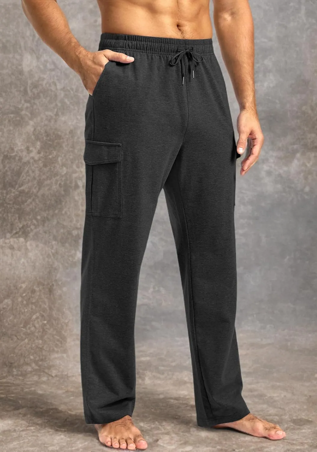 Pudolla Men's Cotton Sweatpants with Cargo Pockets Open Bottom Yoga Pants for Men Lounge Pants for Athletic Workout Casual