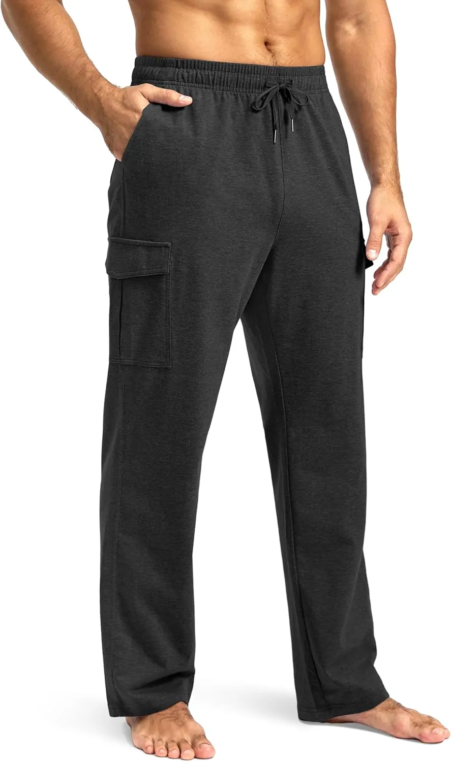 Pudolla Men's Cotton Sweatpants with Cargo Pockets Open Bottom Yoga Pants for Men Lounge Pants for Athletic Workout Casual