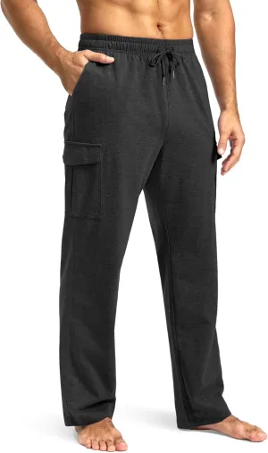 Pudolla Men's Cotton Sweatpants with Cargo Pockets Open Bottom Yoga Pants for Men Lounge Pants for Athletic Workout Casual