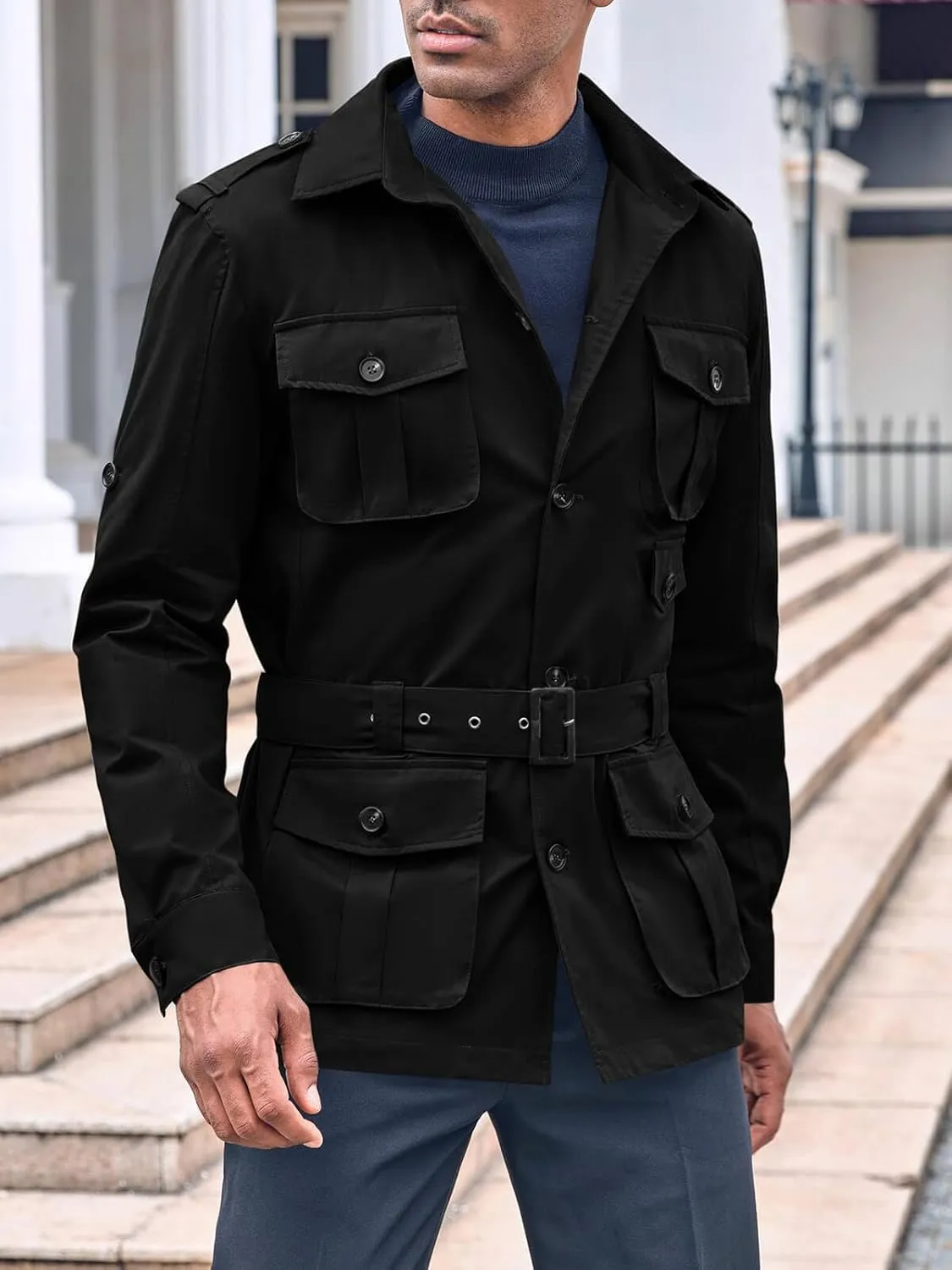 Runcati Mens Safari Jacket Military Utility Multi Pocket Casual Outdoor Fishing Cargo Outwear Coat with Belt