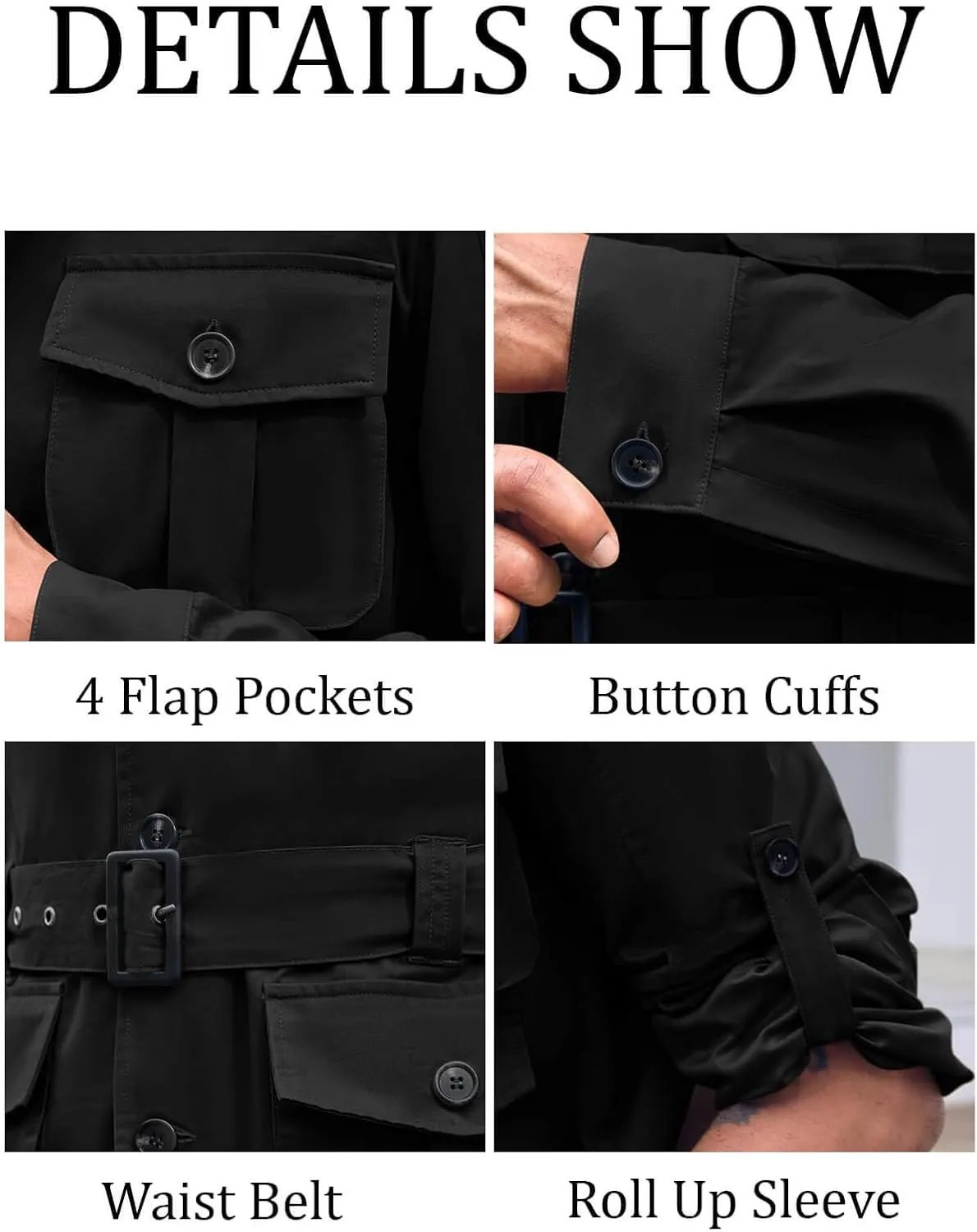 Runcati Mens Safari Jacket Military Utility Multi Pocket Casual Outdoor Fishing Cargo Outwear Coat with Belt