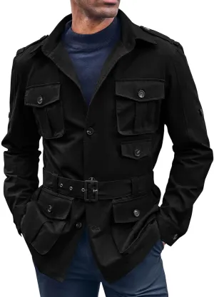 Runcati Mens Safari Jacket Military Utility Multi Pocket Casual Outdoor Fishing Cargo Outwear Coat with Belt