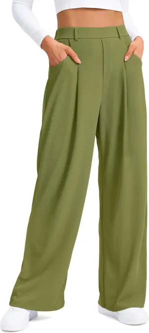 SANTINY Wide Leg Pants Woman Elastic High Waisted Waffle Knit Slacks Business Casual Work Pants Pleated Trousers with Pockets