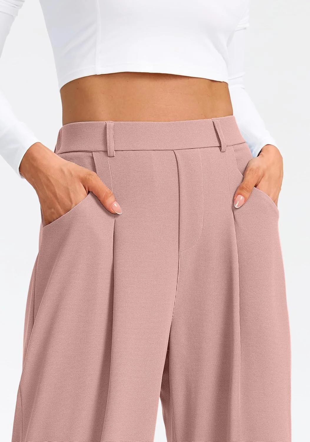 SANTINY Wide Leg Pants Woman Elastic High Waisted Waffle Knit Slacks Business Casual Work Pants Pleated Trousers with Pockets