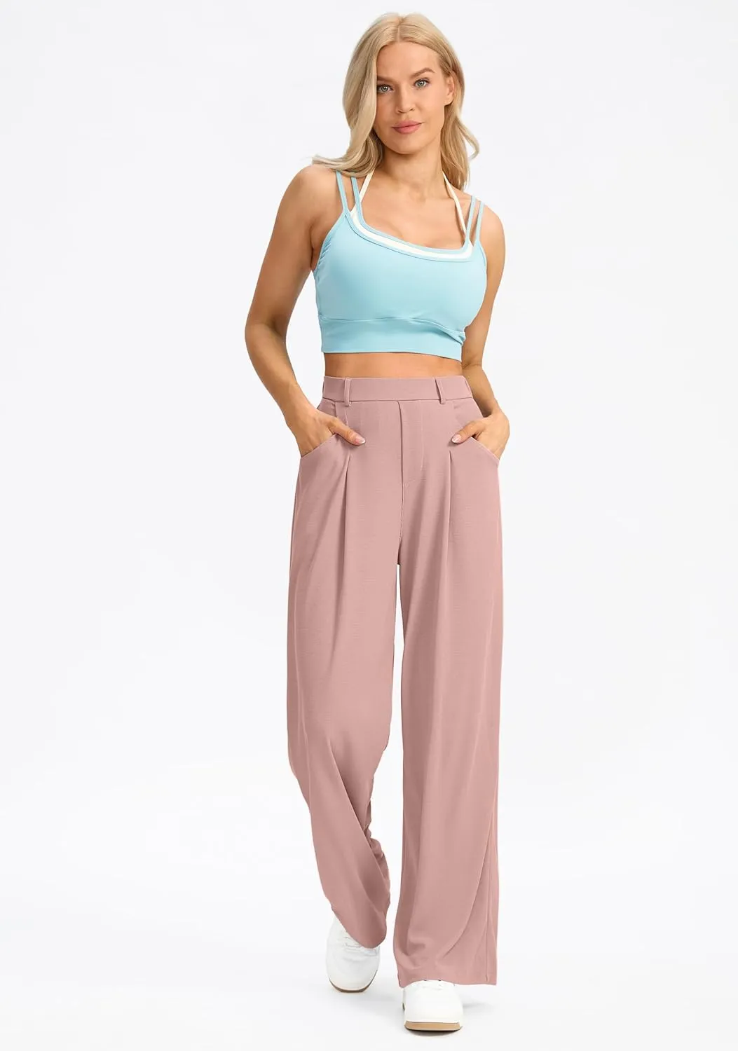 SANTINY Wide Leg Pants Woman Elastic High Waisted Waffle Knit Slacks Business Casual Work Pants Pleated Trousers with Pockets