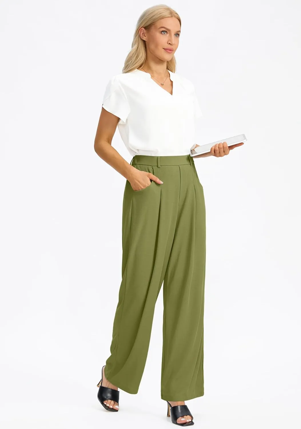 SANTINY Wide Leg Pants Woman Elastic High Waisted Waffle Knit Slacks Business Casual Work Pants Pleated Trousers with Pockets