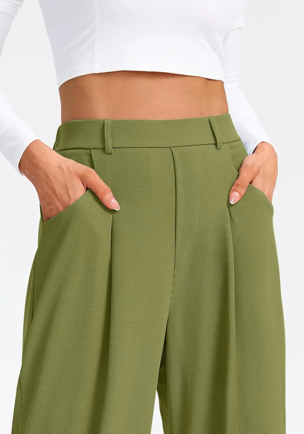 SANTINY Wide Leg Pants Woman Elastic High Waisted Waffle Knit Slacks Business Casual Work Pants Pleated Trousers with Pockets