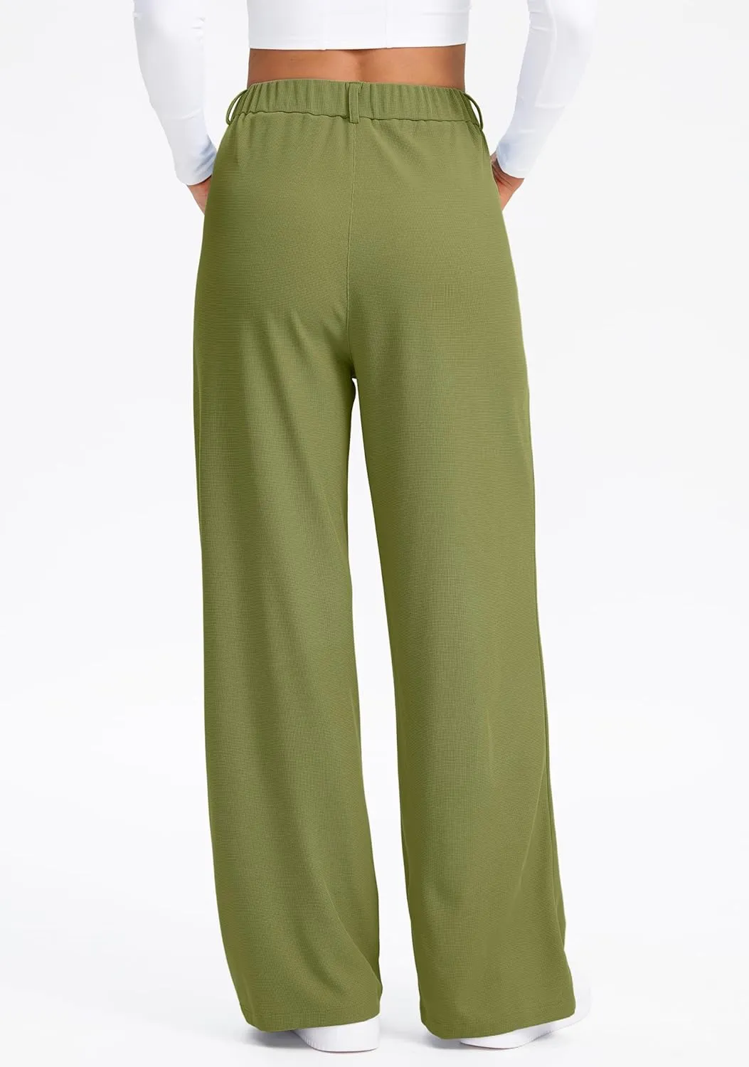 SANTINY Wide Leg Pants Woman Elastic High Waisted Waffle Knit Slacks Business Casual Work Pants Pleated Trousers with Pockets