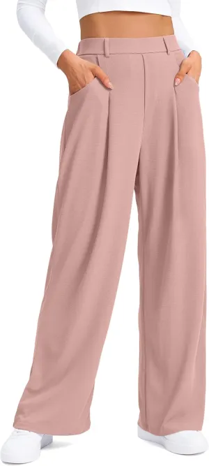 SANTINY Wide Leg Pants Woman Elastic High Waisted Waffle Knit Slacks Business Casual Work Pants Pleated Trousers with Pockets