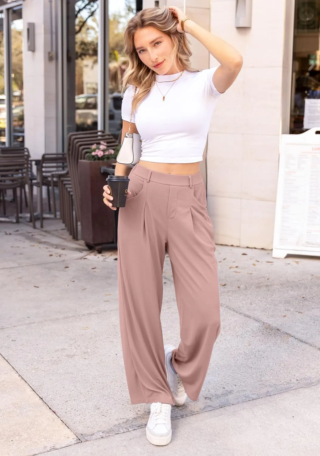 SANTINY Wide Leg Pants Woman Elastic High Waisted Waffle Knit Slacks Business Casual Work Pants Pleated Trousers with Pockets