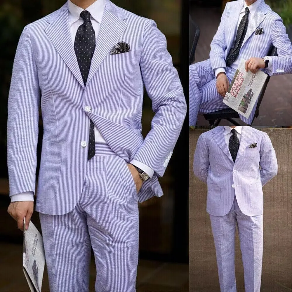Seersucker Suits for Men Slim Fit Casual Beach Wedding Summer Grooms Groomsmen Seersucker Blazer Pants 2 Piece Set