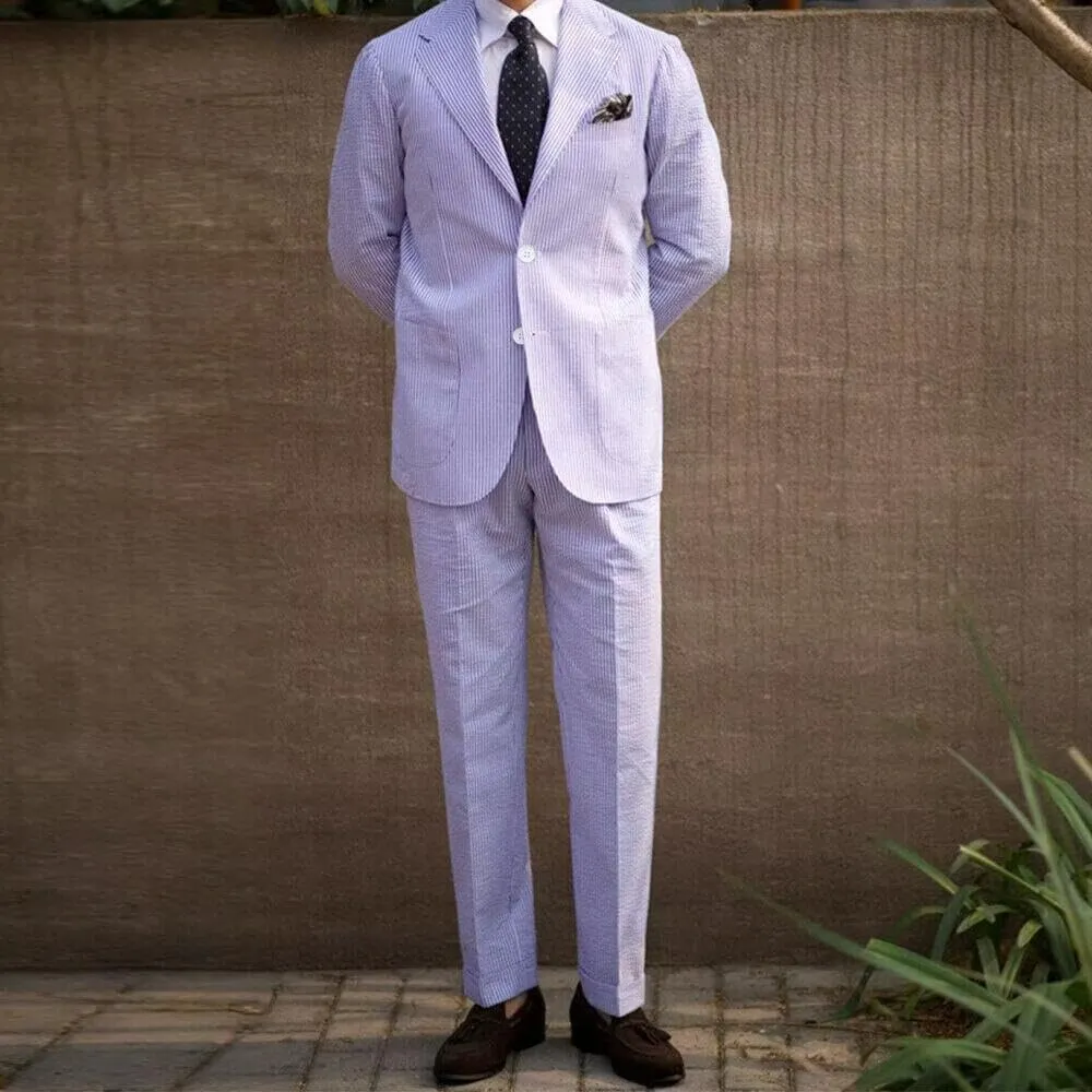 Seersucker Suits for Men Slim Fit Casual Beach Wedding Summer Grooms Groomsmen Seersucker Blazer Pants 2 Piece Set