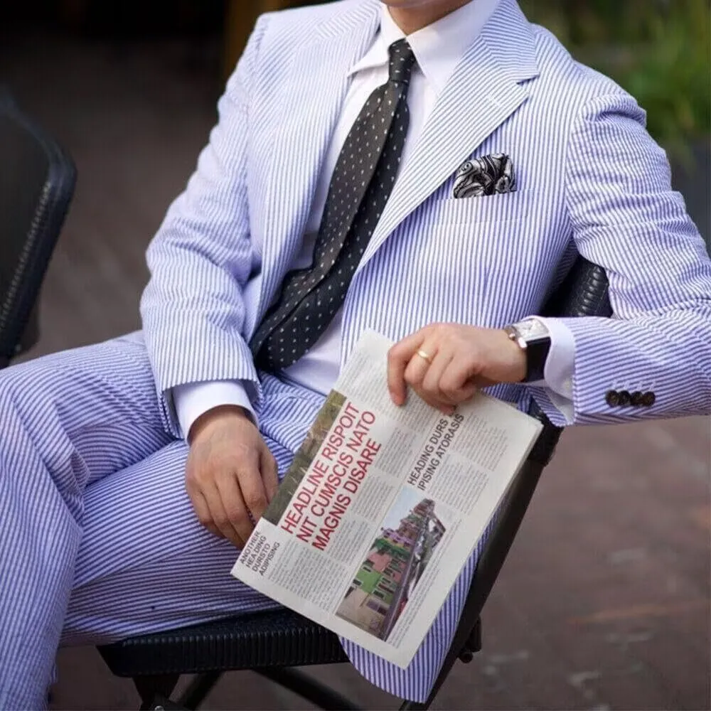 Seersucker Suits for Men Slim Fit Casual Beach Wedding Summer Grooms Groomsmen Seersucker Blazer Pants 2 Piece Set