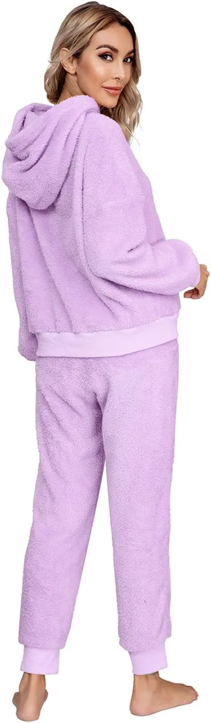 SIAEAMRG Womens Fuzzy Sherpa Fleece Pajamas Set, Long Sleeve Hoodies Pajama Pants 2 Piece Outfits Loungewear Sleepwear