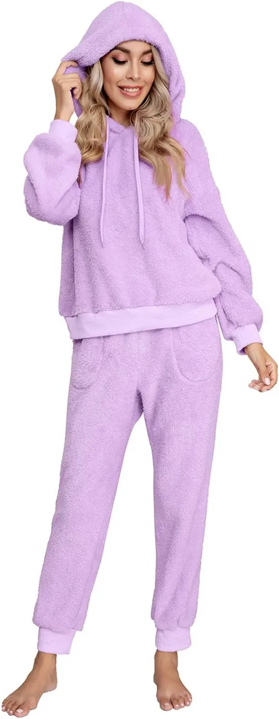 SIAEAMRG Womens Fuzzy Sherpa Fleece Pajamas Set, Long Sleeve Hoodies Pajama Pants 2 Piece Outfits Loungewear Sleepwear