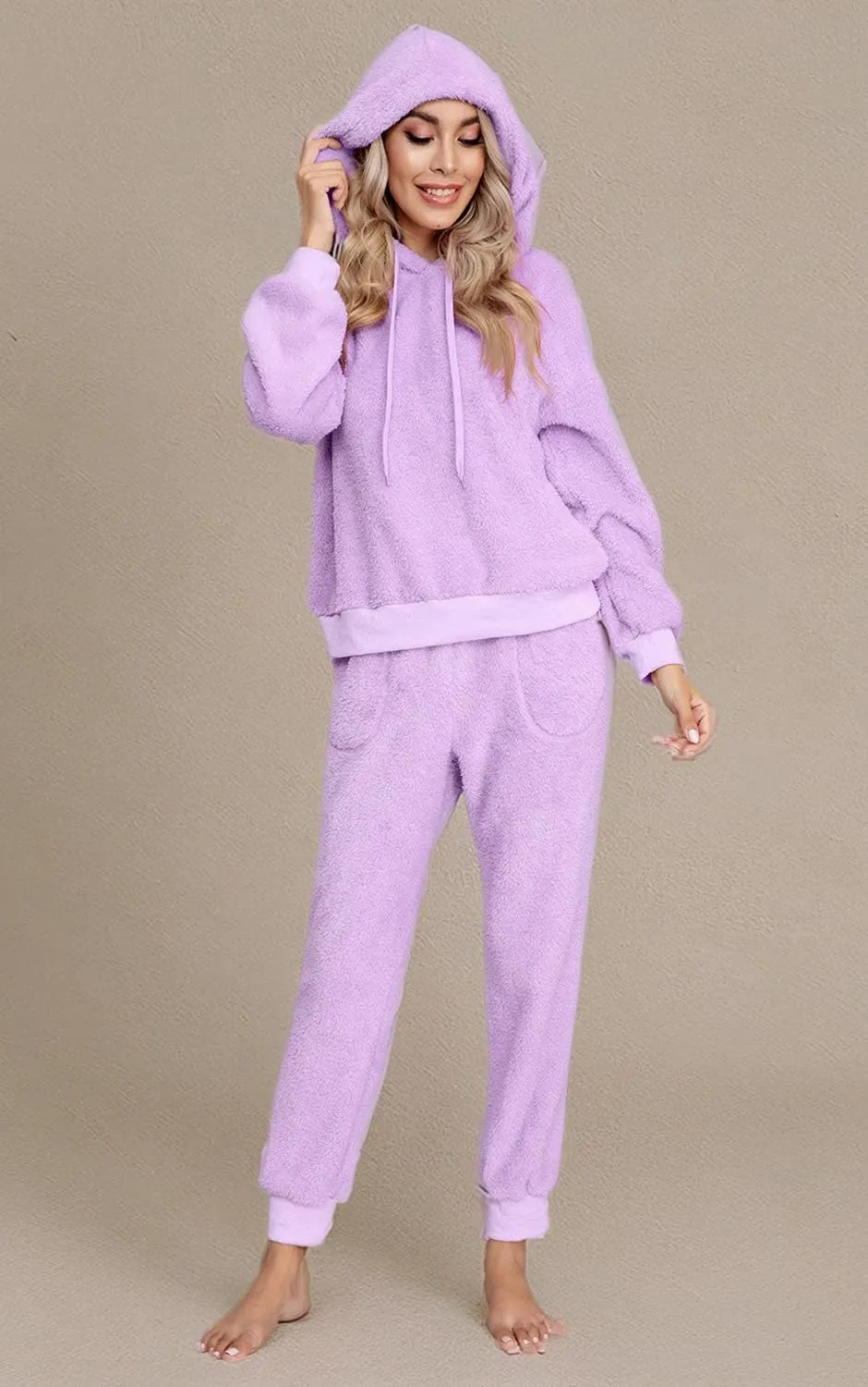 SIAEAMRG Womens Fuzzy Sherpa Fleece Pajamas Set, Long Sleeve Hoodies Pajama Pants 2 Piece Outfits Loungewear Sleepwear