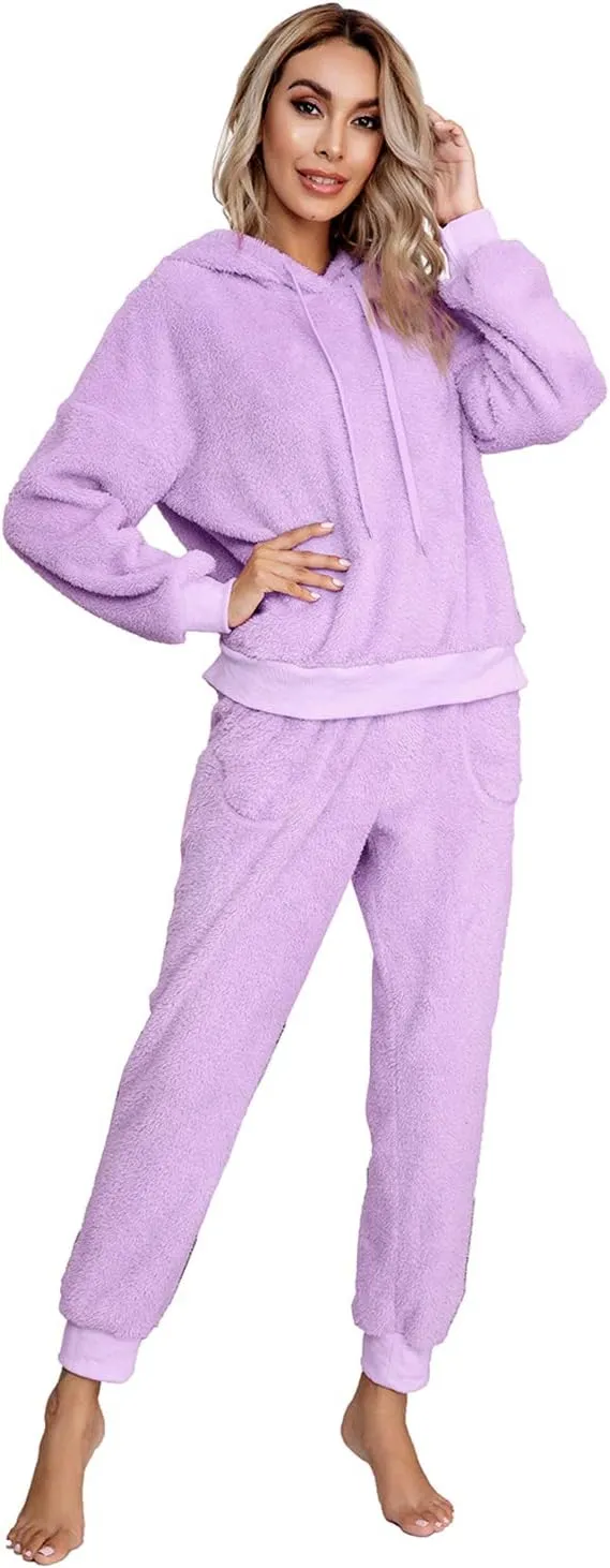 SIAEAMRG Womens Fuzzy Sherpa Fleece Pajamas Set, Long Sleeve Hoodies Pajama Pants 2 Piece Outfits Loungewear Sleepwear