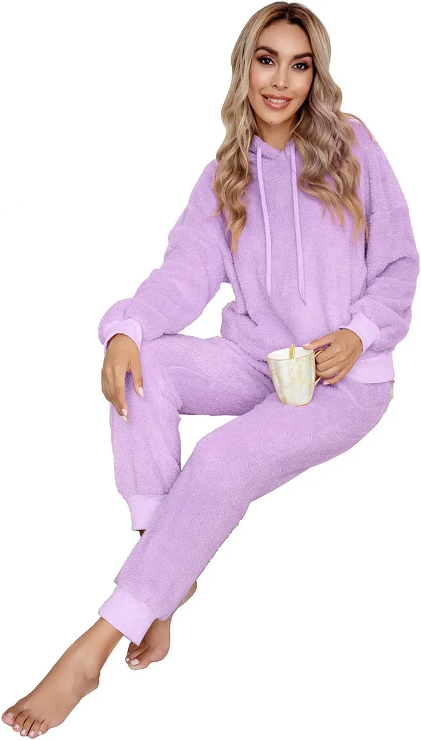 SIAEAMRG Womens Fuzzy Sherpa Fleece Pajamas Set, Long Sleeve Hoodies Pajama Pants 2 Piece Outfits Loungewear Sleepwear