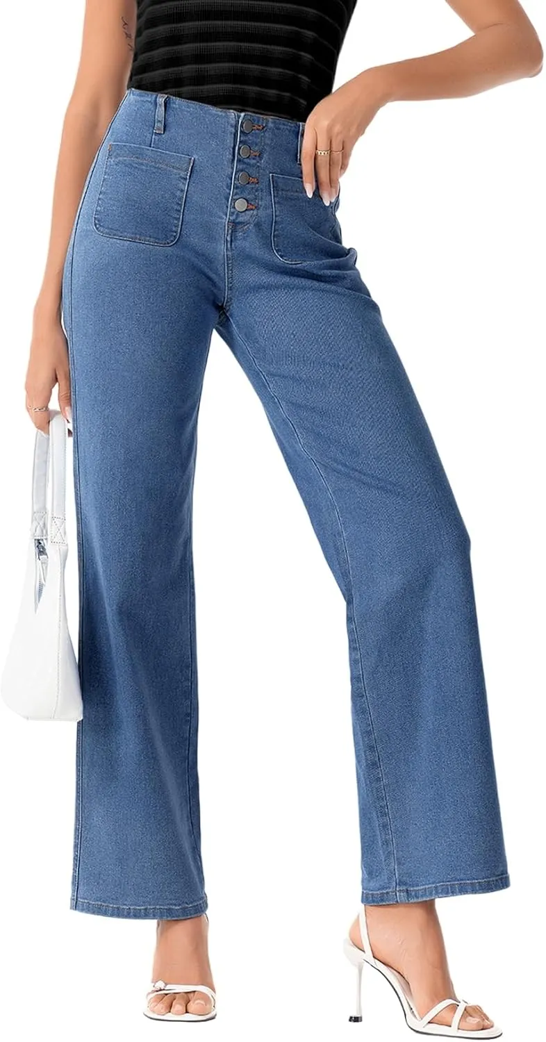 Sidefeel Women's Wide Leg High Waisted Stretchy Tummy Control Zimbaplatinum Jeans