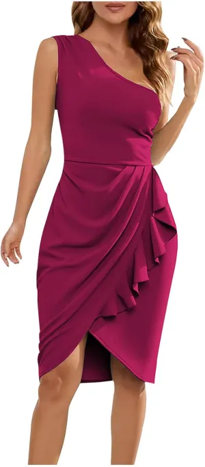 Sinzelimin Cocktail Dresses for Women Sexy One-Shoulder Sleeveless Fashion Ruched Ruffles Slim Fit Formal Party Mini Dress
