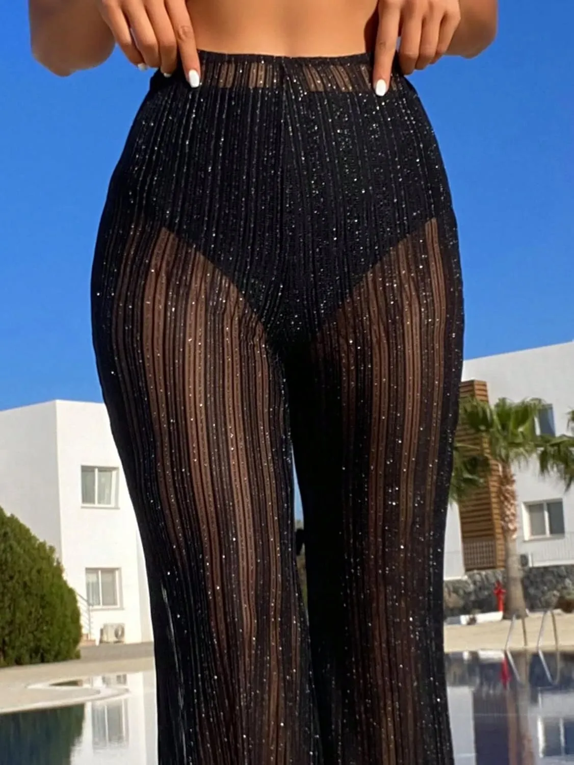 SOLY HUX Women's High Waist Sheer Mesh Swimsuit Cover up Pants See Through Wide Leg Bikini Beach Pants Swimwear
