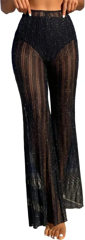 SOLY HUX Women's High Waist Sheer Mesh Swimsuit Cover up Pants See Through Wide Leg Bikini Beach Pants Swimwear