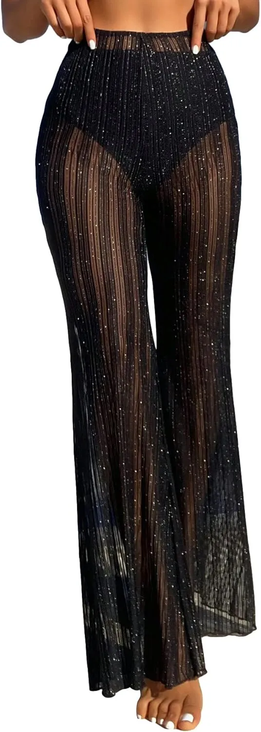 SOLY HUX Women's High Waist Sheer Mesh Swimsuit Cover up Pants See Through Wide Leg Bikini Beach Pants Swimwear