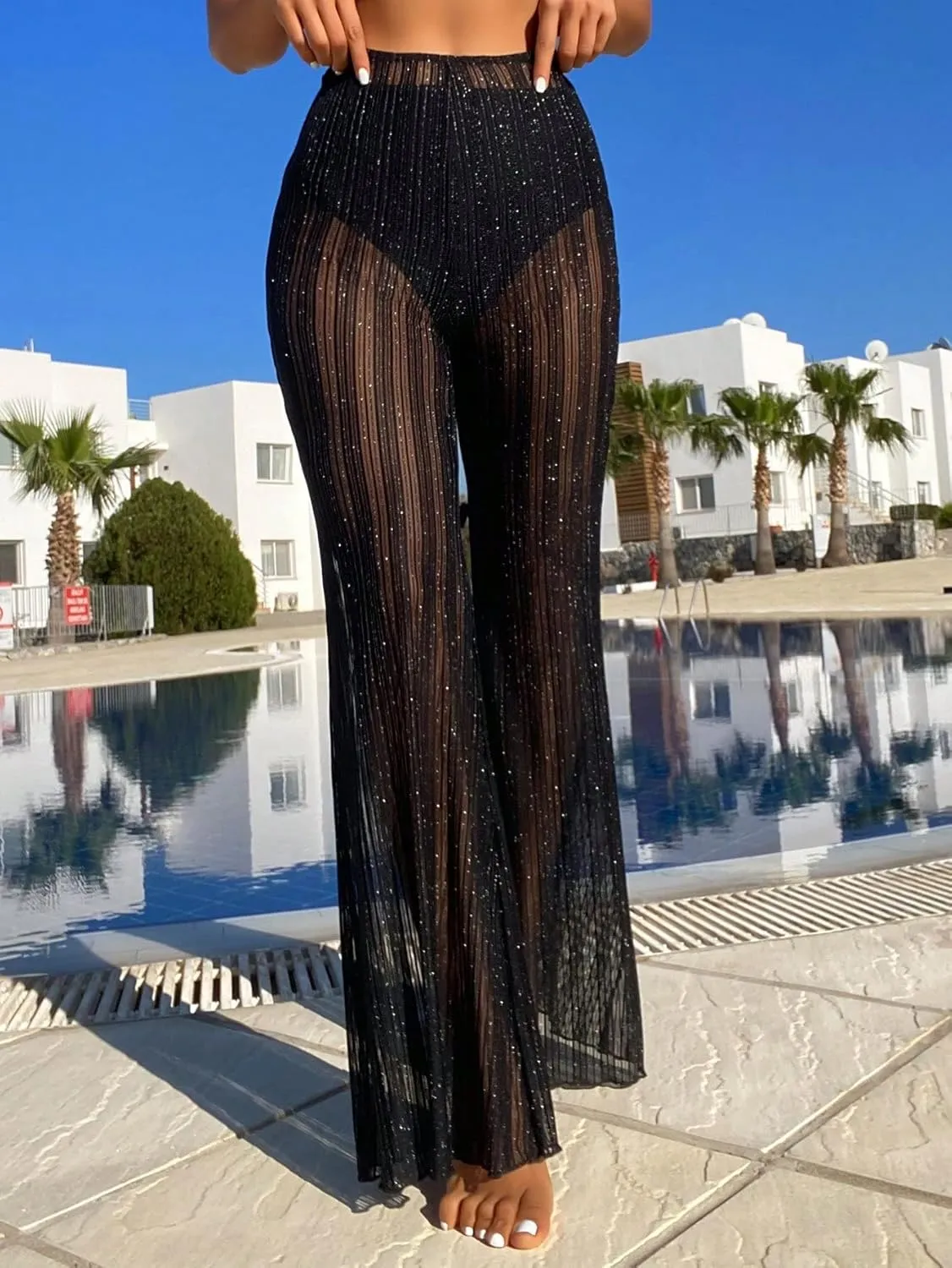 SOLY HUX Women's High Waist Sheer Mesh Swimsuit Cover up Pants See Through Wide Leg Bikini Beach Pants Swimwear