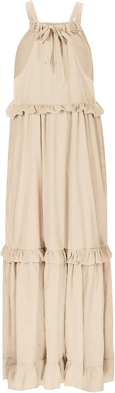 Spring Dresses for Women 2025, Women's Summer Sleeveless Halter Neck Ruffle Tiered Layed Flowy Swing Long Maxi Dress