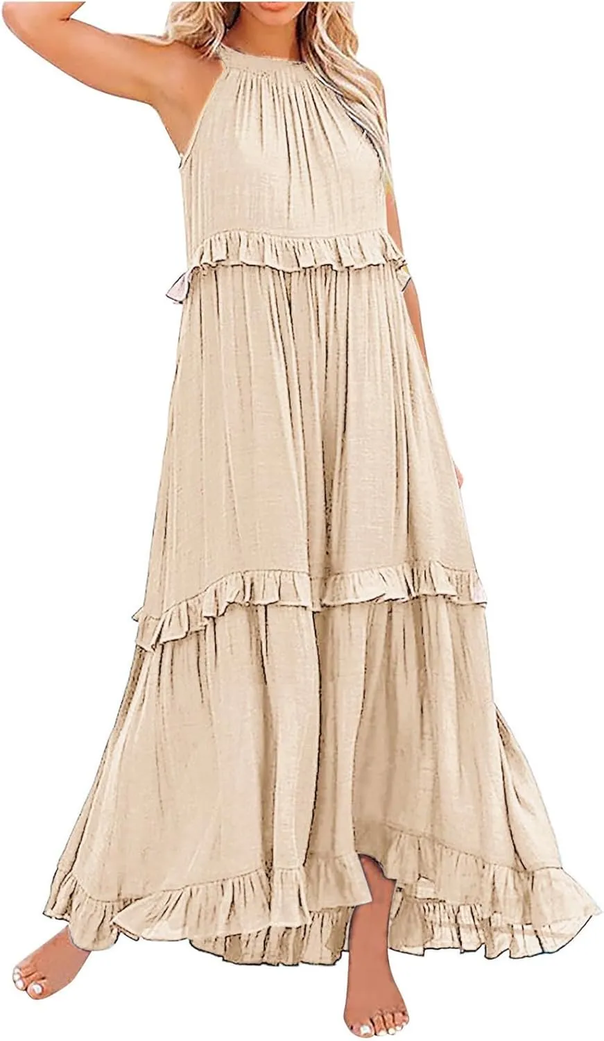 Spring Dresses for Women 2025, Women's Summer Sleeveless Halter Neck Ruffle Tiered Layed Flowy Swing Long Maxi Dress