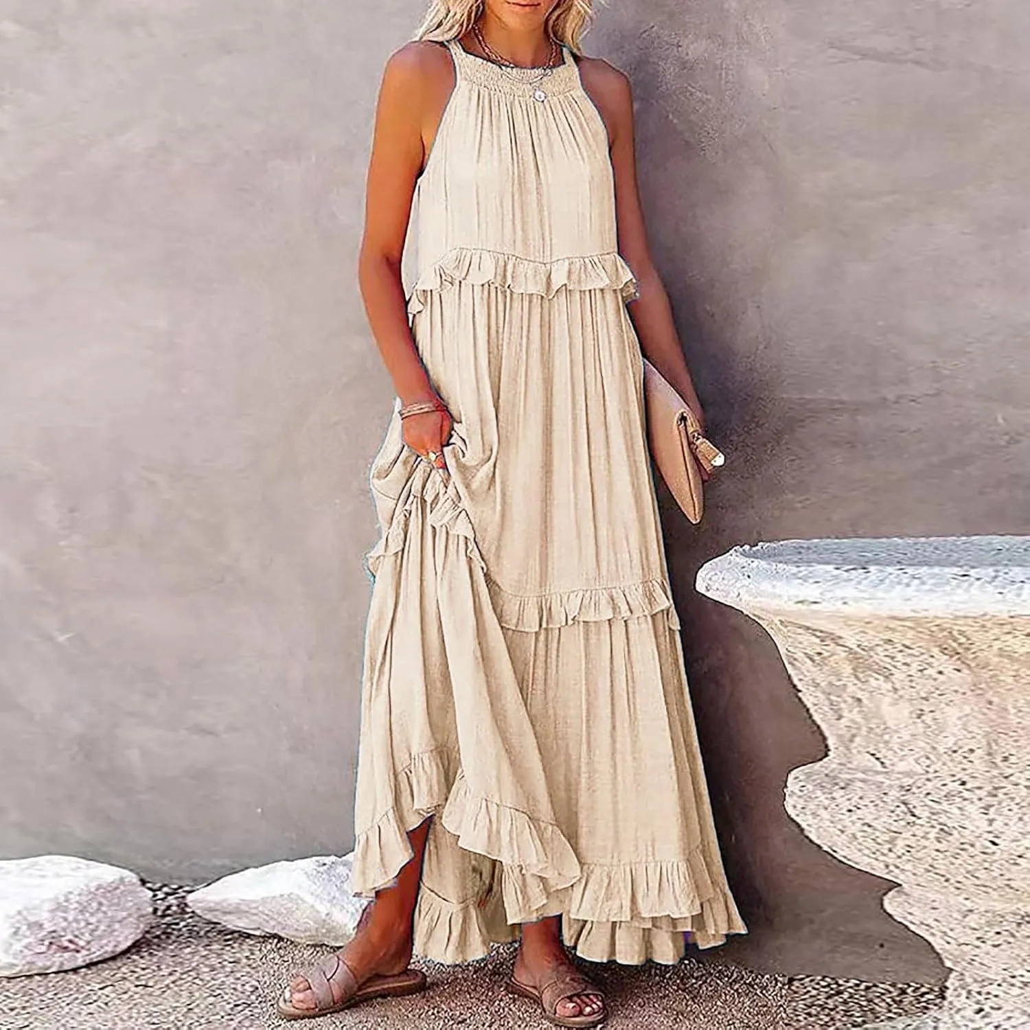 Spring Dresses for Women 2025, Women's Summer Sleeveless Halter Neck Ruffle Tiered Layed Flowy Swing Long Maxi Dress