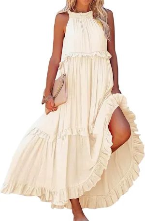 Spring Dresses for Women 2025, Women's Summer Sleeveless Halter Neck Ruffle Tiered Layed Flowy Swing Long Maxi Dress