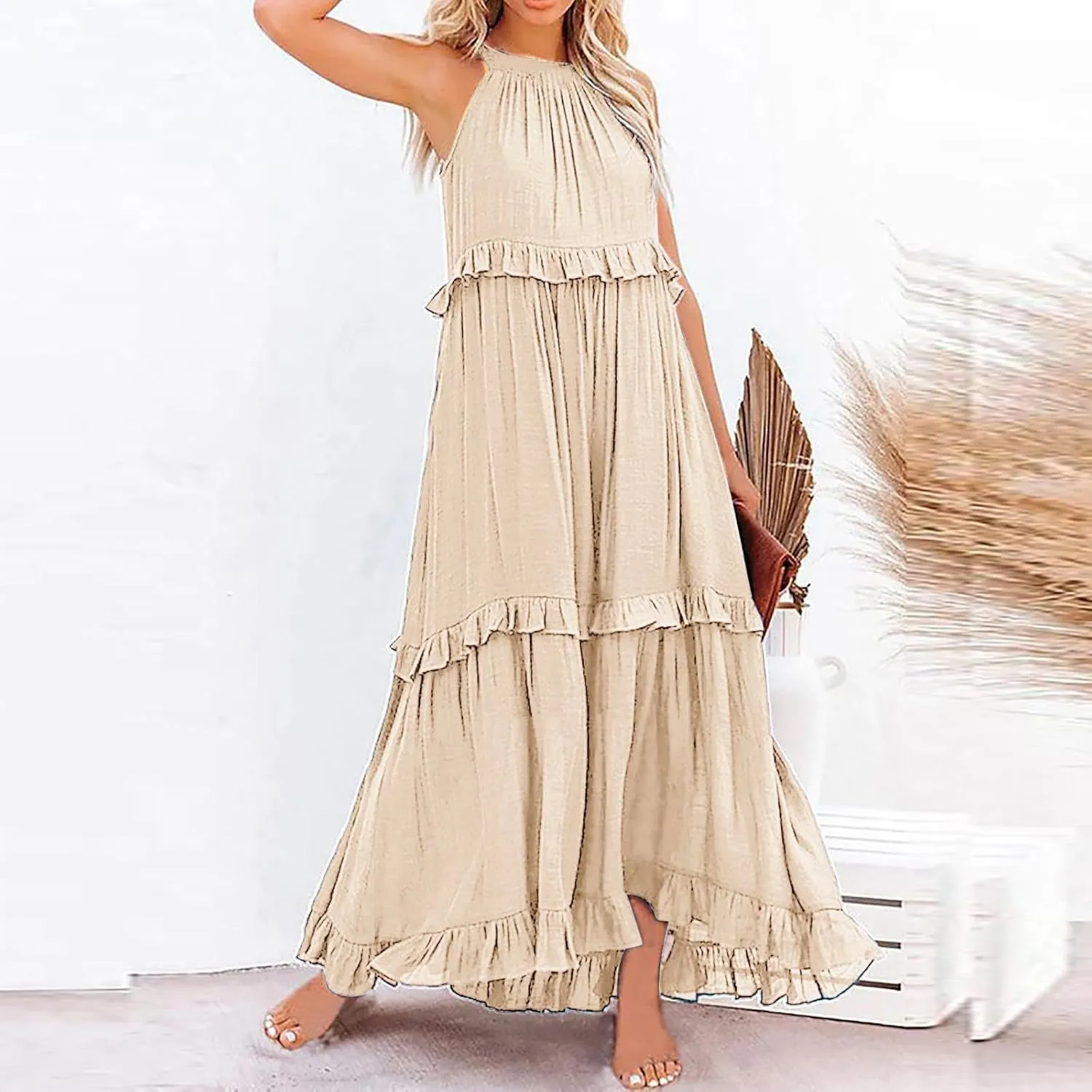 Spring Dresses for Women 2025, Women's Summer Sleeveless Halter Neck Ruffle Tiered Layed Flowy Swing Long Maxi Dress