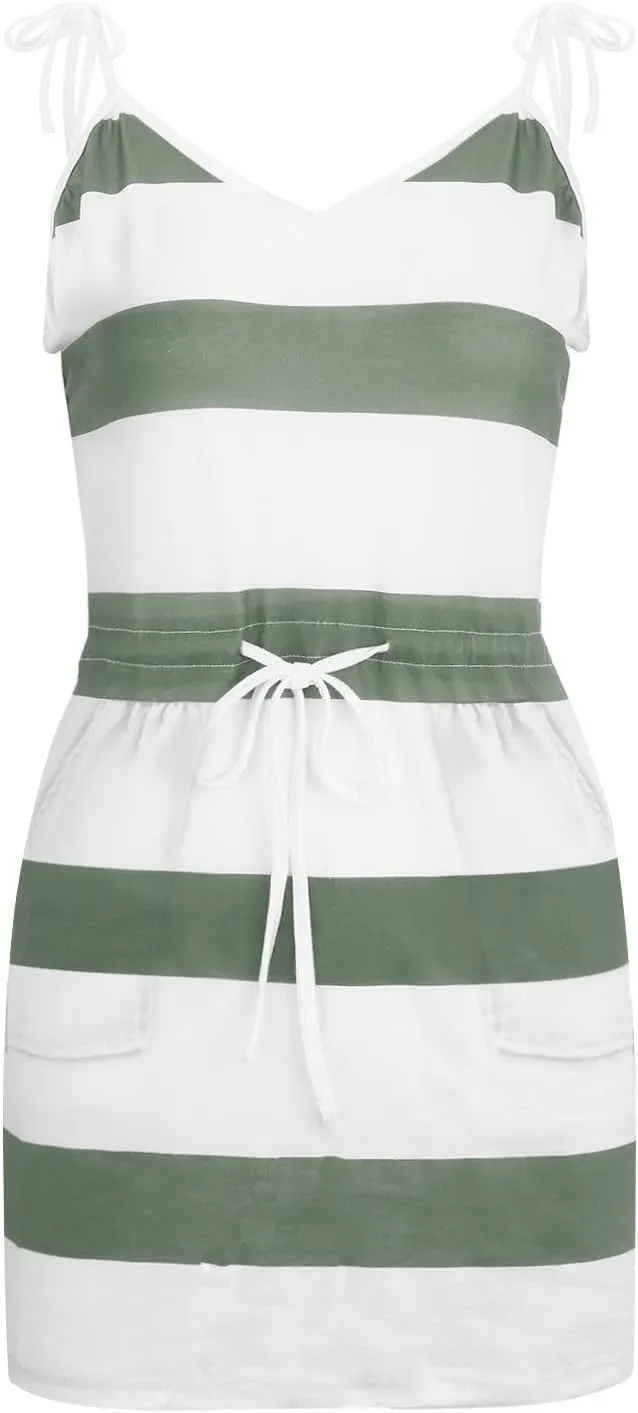 Striped Mini Dress for Women Casual V Neck Short Sleeve T Shirt Dresses Drawstring Waist Belted Dress with Pockets