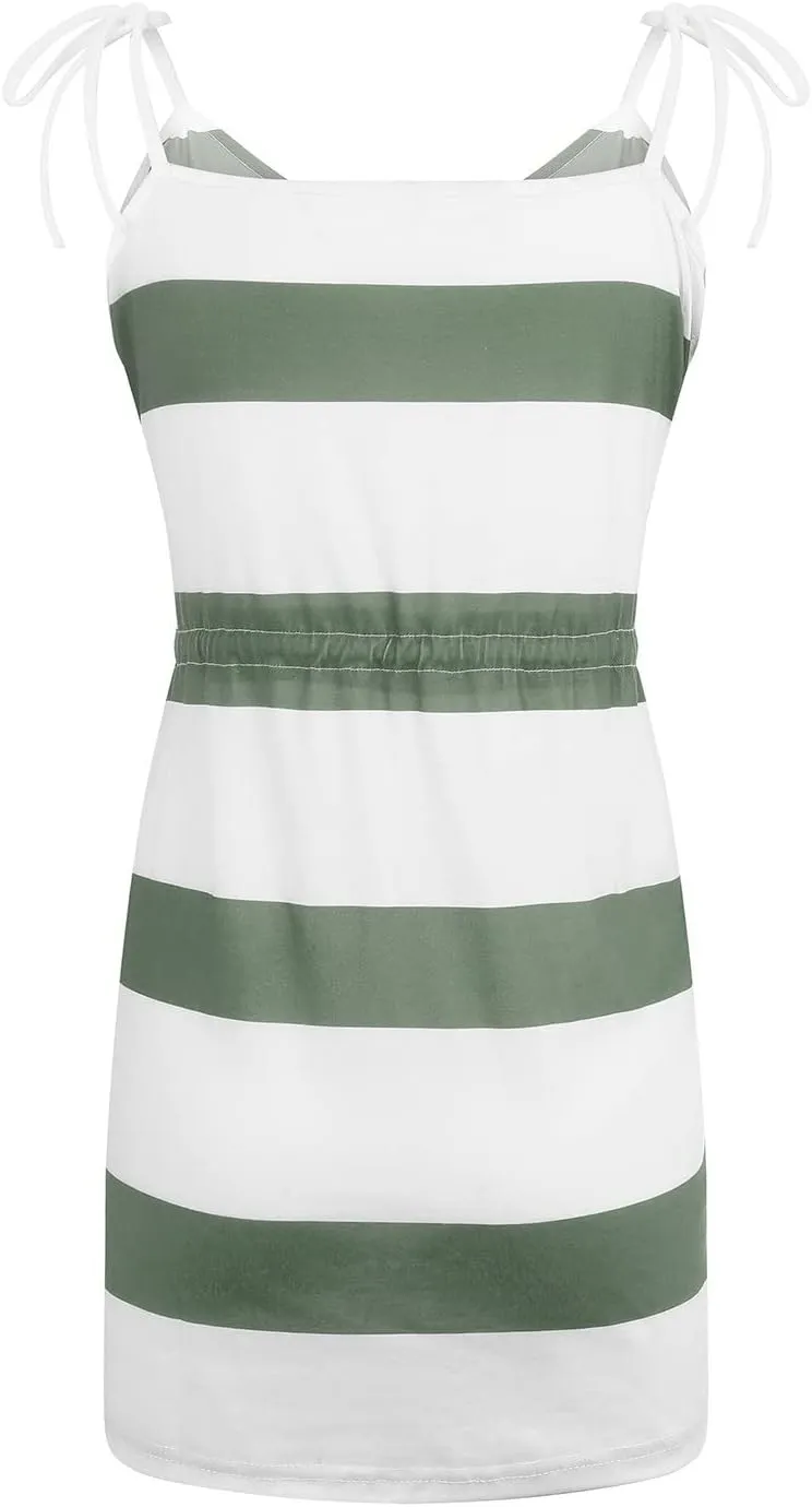 Striped Mini Dress for Women Casual V Neck Short Sleeve T Shirt Dresses Drawstring Waist Belted Dress with Pockets